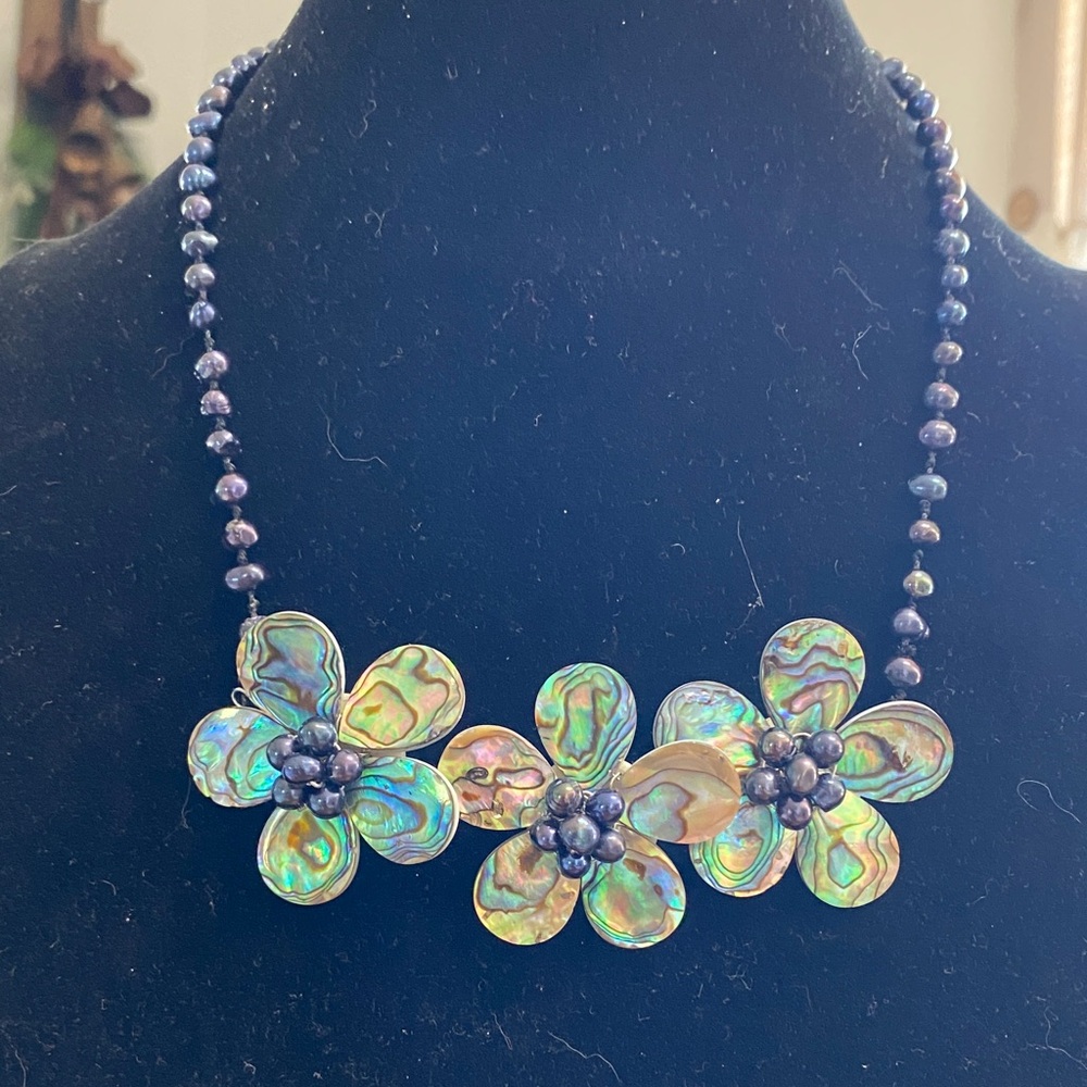 Freshwater Pearls & Abalone Flower Necklace